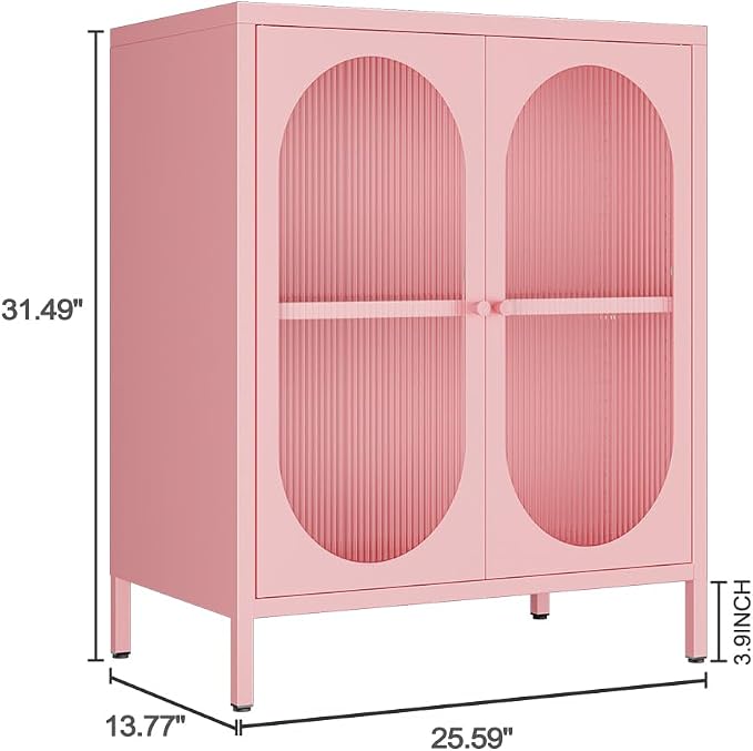 2 Translucent Door Metal Accent Storage Cabinet for Home, Living Room, Office Room,Kitchen-Metal Locker Cabinet with 1 Adjustable Shelves-2-Tier (Pink)