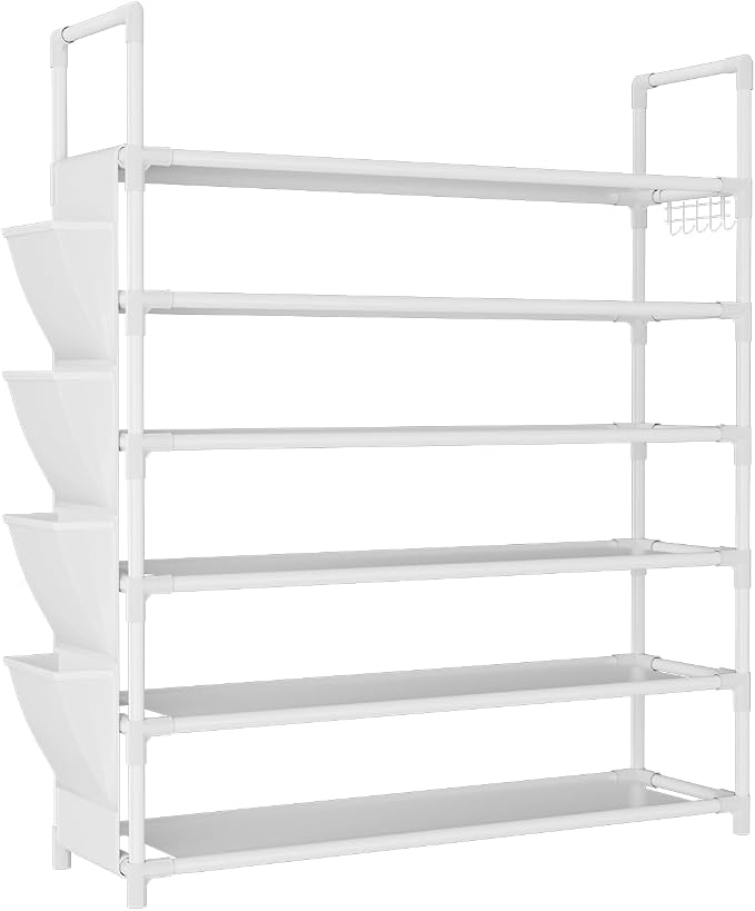 LANTEFUL 6 Tier Shoe Rack Storage for 24-30 Pairs Shoe and Boot, Shoe Organizer with Hook and Side Pocket Free Standing Long Shoe Shelf Tall Shoe Rack Organizer for Closet, Entryway, Dorm, White