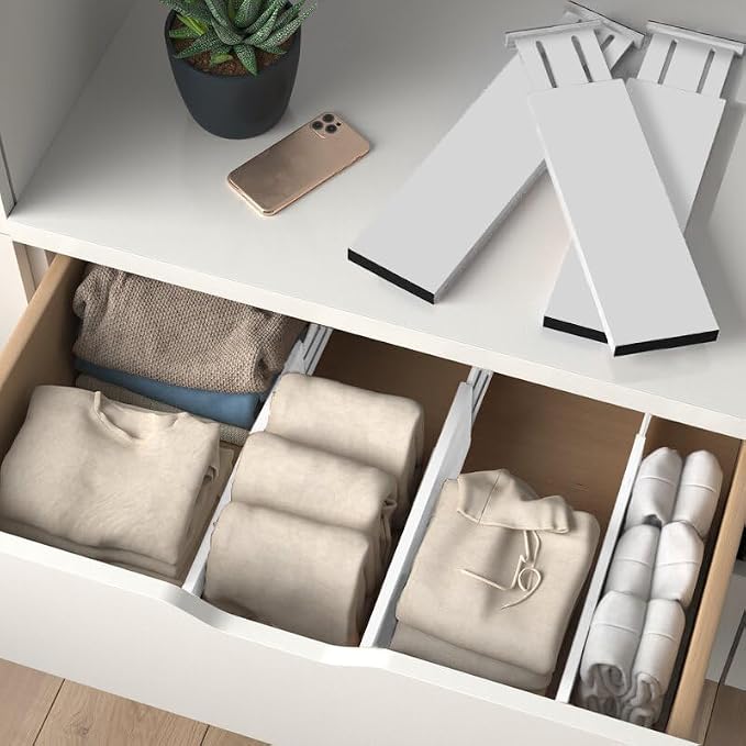 6-Pack Drawer Dividers - 6 Inches High, Adjustable 11 to 17 Inches Bamboo Drawer Organizer, Large Expandable Separator for Clothes, Dresser, Bedroom, Bathroom, Baby, Office, Kitchen Utensil, White