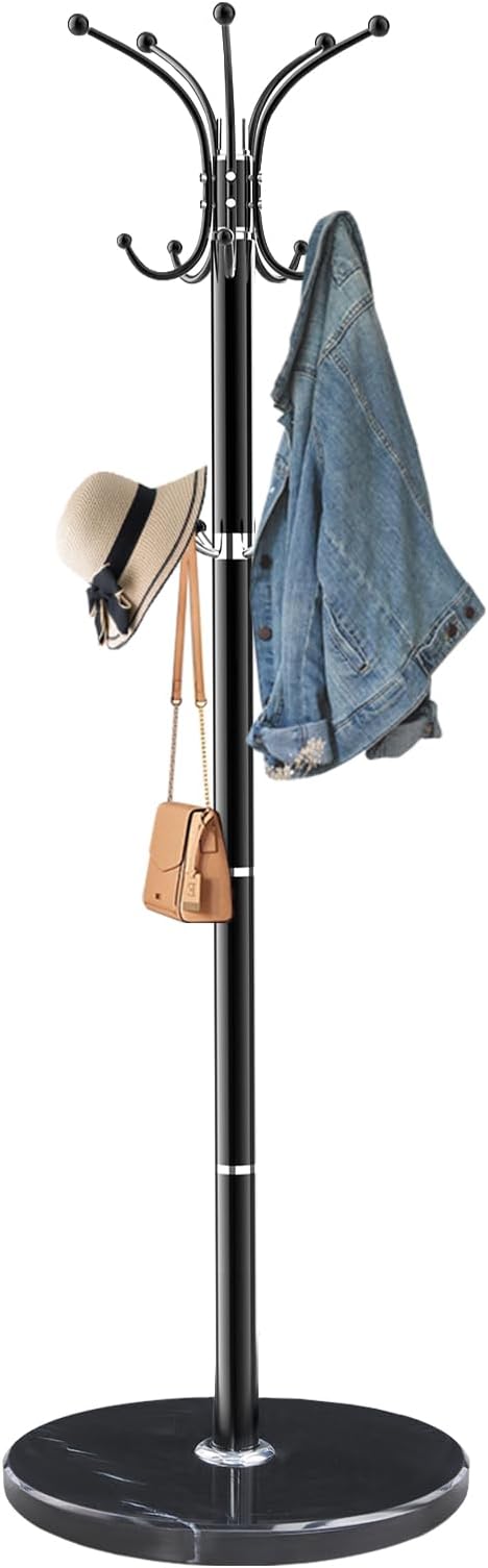 Snaikor Metal Coat Rack Stand with Natural Marble Base, Modern Coat Rack Freestanding, 360°Rotary Coat Racks with 14 Hooks, Heavy Duty Coat Hall Tree Hanger Stand for Entryway, Office