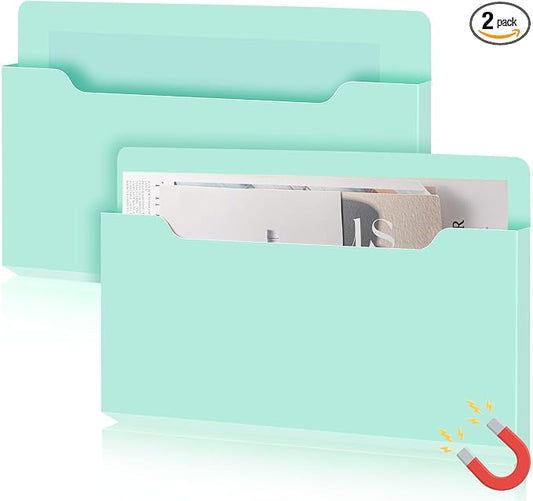 Feifeiya 2 Pcs Magnetic File Folder Wall Hanging Holder Large Pocket Paper Magazine Mail Organizer for Refrigerator Classroom Locker Whiteboard(Horizontal,Mint Green,13.8 x 8.3 Inches)