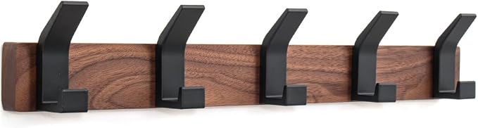 Coat Rack Wall Mount - 16.9 Inches Coat Rack Wall Mount with 5 Hooks Walnut Wood Coat Hooks Wall Mounted Rustproof Coat Hanger Black Aluminum Wall Hooks for Hanging Coat Hat Backpack Key