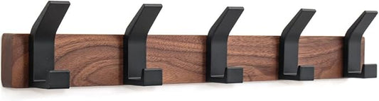 Coat Rack Wall Mount - 16.9 Inches Coat Rack Wall Mount with 5 Hooks Walnut Wood Coat Hooks Wall Mounted Rustproof Coat Hanger Black Aluminum Wall Hooks for Hanging Coat Hat Backpack Key