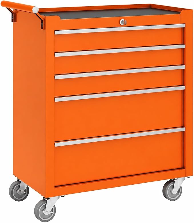 Garvee Rolling Tool Chest, 5 Drawers Tool Storage Cabinet, Toolbox with Wheels, Portable Tool Cabinet Organizer with Locking System & Drawer Liners, Tool Storage Cart for Garage, Workshop, Orange