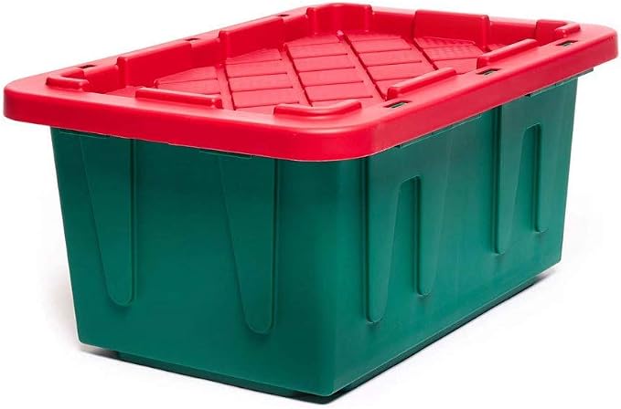 HOMZ Holiday Plastic Storage Container, 15 Gallon - Set of 2, Green and Red, 2 Sets | Heavy-Duty Large Stackable Container Seasonal Boxes for Home, Attic, and Garage Organization