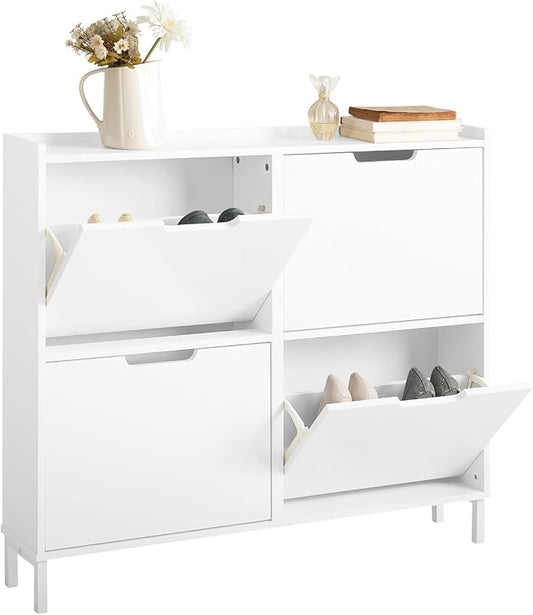 Haotian Ultra Thin Shoe Cabinet with 4 Flip-Drawers | Narrow Enclosed Shoe Rack, Slim Shoe Storage Organzier Entryway, White, FSR100-W