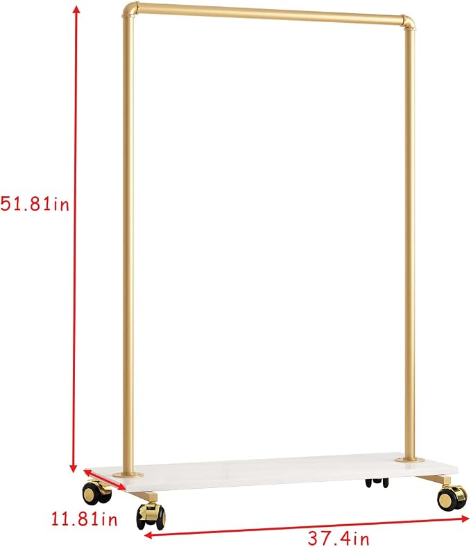 Gold Metal Clothing Rack with Wood Shelf, Heavy Duty Rolling Garment Rack with Wheels for Bedroom Retail Boutique Use (37.4L inches)