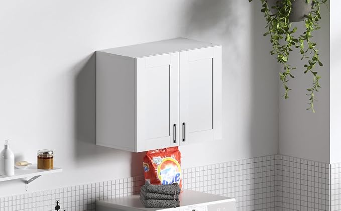 White Laundry Room Cabinets and Storage with 2 Doors and Utility Adjustable Shelf，Gabinetes Para Cocina Cupboard Kitchen Organizers and Storage Pantry Wall Mounted 12.4"D x 23.6"W x 19.7"H