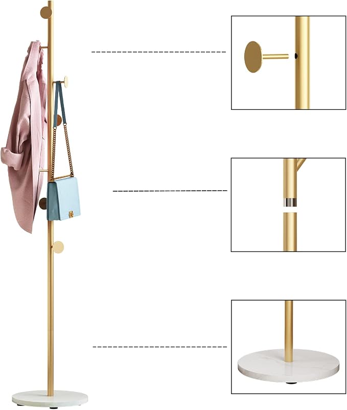 Gold Coat Racks with 7 Hooks, Branches Coat Tree Entryway, Freestanding | Modern Hat Rack, Easy to Assemble, Heavy Stable Marble Base