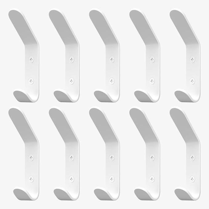 Wall Coat Hook Rack - Set of 10 - White Metal Hooks for Hanging Coats - Hat Hooks - Hat Hangers for Wall