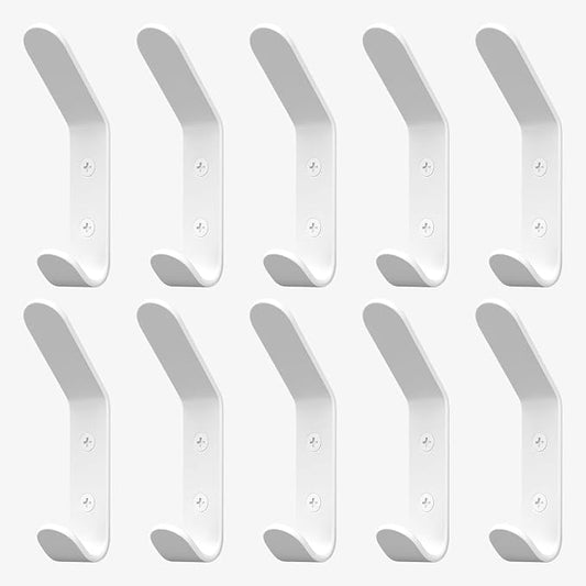 Wall Coat Hook Rack - Set of 10 - White Metal Hooks for Hanging Coats - Hat Hooks - Hat Hangers for Wall
