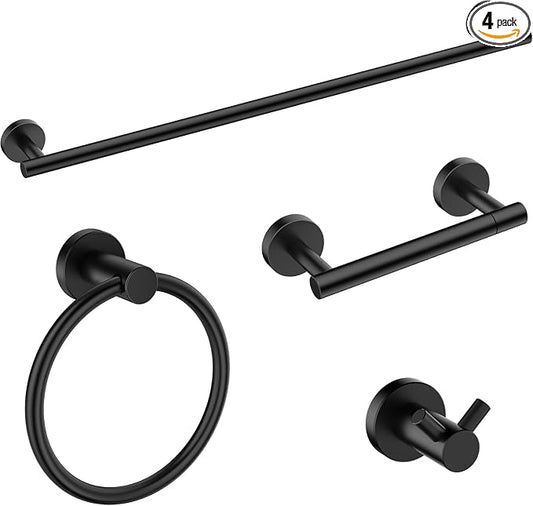 FORIOUS Bathroom Accessories, 4-Piece Bathroom Hardware Set - 18" Towel Bar | Matte Black | Towel Hooks, Towel Racks for Bathroom, Toilet Paper Holder Wall Mounted & Towel Ring | SUS304 Stainless Steel