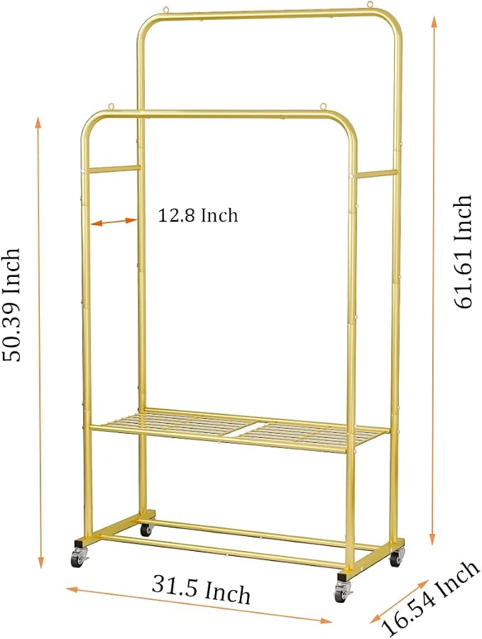 SUOERNUO Clothes Rack with Lockable Wheels Double Rods Metal Garment Racks | Portable Heavy-Duty Clothing Rack, Rolling Clothes Shelves for Bedroom Laundry Living Room, Gold