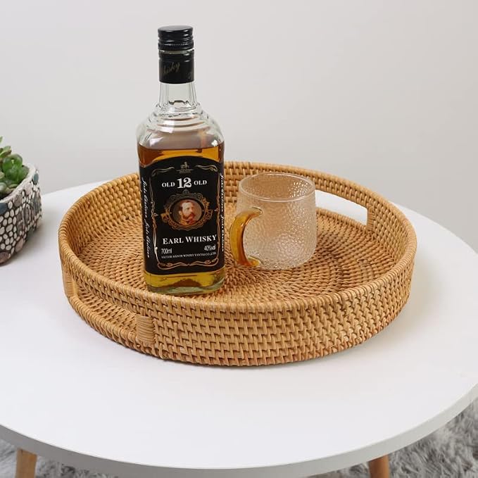 Round Rattan Serving Tray Decorative Woven Ottoman Trays with Handles for Coffee Table Natural (Small 11.8 inch x 2 inch)
