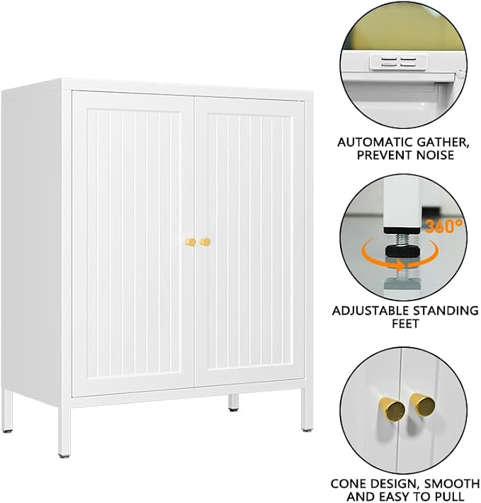 Metal Accent Storage Cabinet for Home, LivingRoom, Office,Kitchen- Metal Locker Cabinet with 1 Adjustable Shelves-Bathroom Floor Storage Cabinet Freestanding Organizer(Stripe Door, White)