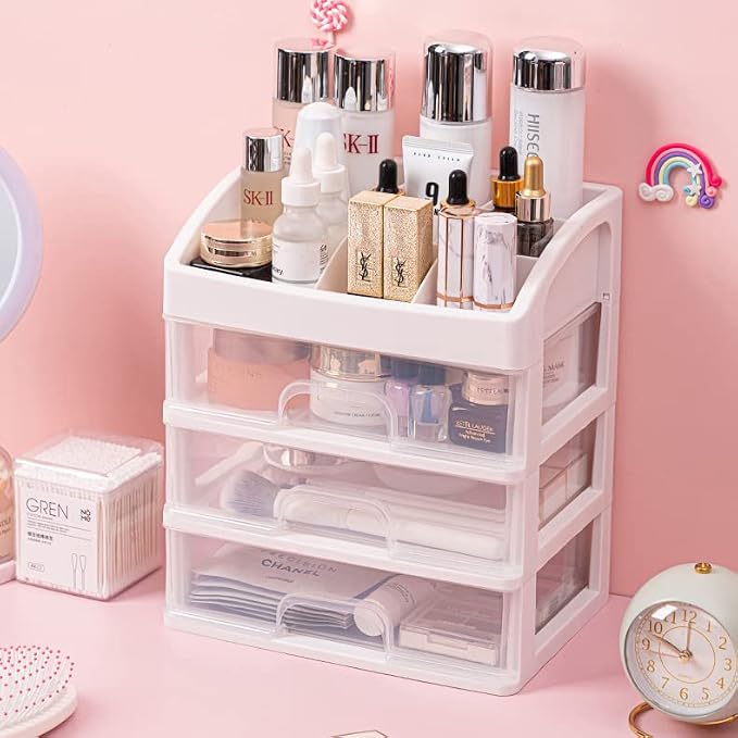 Makeup Organizer with 3 Drawers Plastic Storage for Vanity Cosmetic Display Cases Large Capacity Bathroom Countertop Plastic Storage for Skin Care Products(Arc Type)