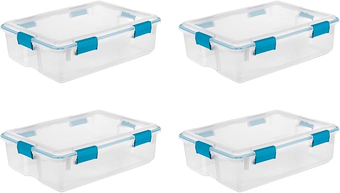 Sterilite Gasket Storage Box with Lids for Home & Office, 37 Quart, 4-Pack | Heavy-Duty, Stackable, and Organizing Containers for Bathroom, Cabinet, Closet, and Garage, Clear and Blue Aquarium Latches