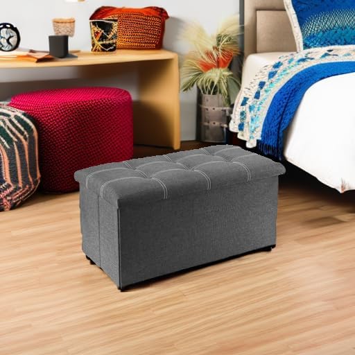 YOUDENOVA 30" Linen Ottoman with Storage, Folding Bench, Gray | Foldable linen ottoman with hidden storage, padded seat and sturdy frame for living room or bedroom.
