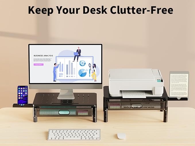 Zimilar 2 Pack Monitor Stand Riser with Metal Drawer, 3 Height Adjustable | Monitor Riser with Phone Holder for Printer, Laptop, Premium Metal Computer Monitor Stand with Storage for 2 Monitors
