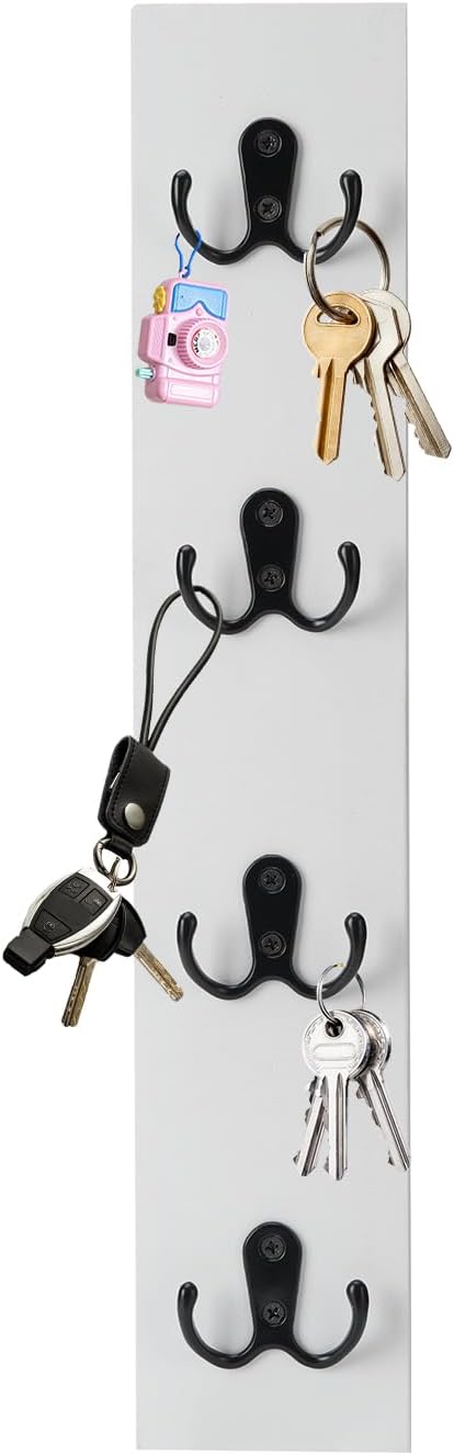 UCEC Space-Saving Wooden Vertical Key Holder for Wall with Hooks for Door | Small White Wooden Key Holder for Entryway, Front Door or Garage, Holds Keys, Wallets & Leashes, Space-Saving Wall Mount