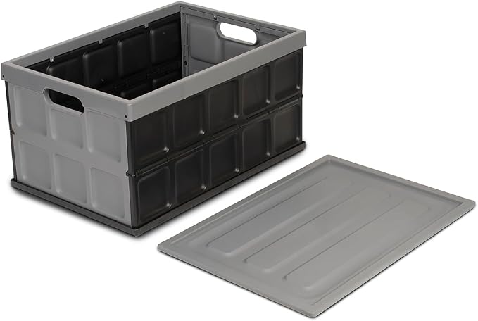 Glad Collapsible Storage Bin with Lid - 48L Foldable Plastic Box for Garage, Car Trunk, and Organization - Stackable Lidded Container with Handles, Grey