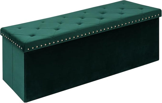 Velvet Storage Ottoman Bench, 43.3" Upholstered Tufted Ottoman with Storage, Folding Footrest Bench for Bedroom, Living Room, or Entryway, Holds up to 660 LBS,Green