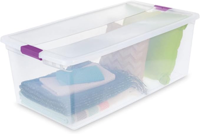 Sterilite Clearview Latch Boxes, Storage Bins with Lids, 110 Quart, 8-Pack | Clear Plastic Organizers with Color Accent Latches for Closet, Bedroom, Shelving Units, Dorm Room and Home Organization