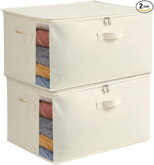 2 Pack Large Canvas Comforter Storage Bags Closet Organizer for Clothes Sweater Clothes Organizer with Dual Zipper Three Carrying Hand