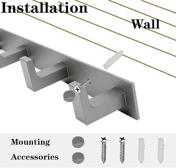 Coat Rack, Heavy Duty Stainless Steel 4 Tri Coat Hook Hanger, Wall Mounted Storage Wall Hooks, Rustic Clothes Hook/Key Hook Rail for Bathroom Kitchen Entryway(4 Hook Grey)