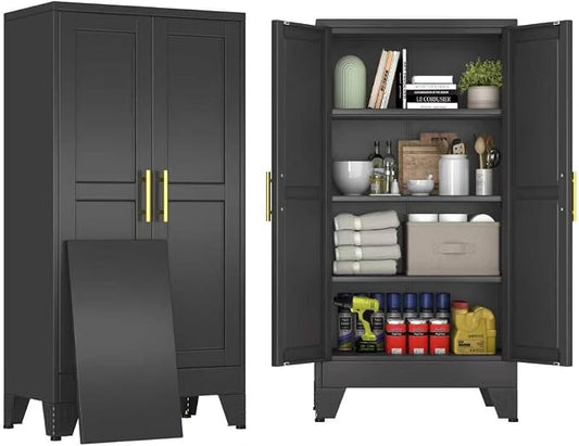 47" Black Metal Storage Cabinet with 2 Doors and 3 Adjustable Shelves,Steel Garage Tool Cabinet, File Cabinet,Kitchen Pantry Cabinet for Home,Office,Garage,School,Warehouse