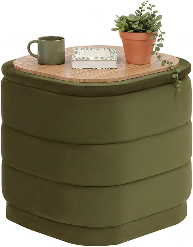 B FSOBEIIALEO Velvet Storage Ottoman with Tray, Square Folding Ottoman with Storage Coffee Table Foot Rest for Dorm Room, Living Room Olive, 15"x15"x15"