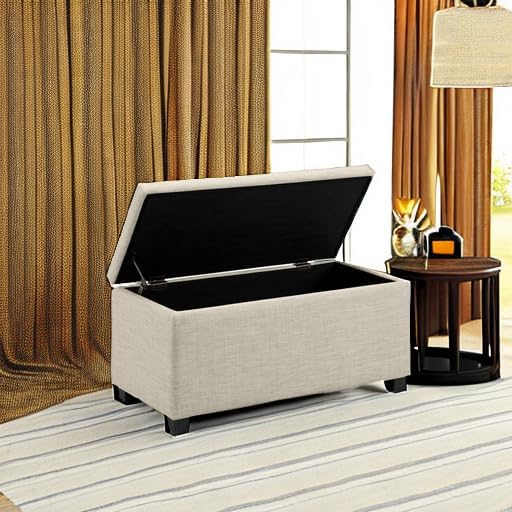 Amazon Basics Upholstered Storage Ottoman Bench with Soft Close Lid, Child-Safety Hinge, No Assembly Required, 35.5"W x 16.5"D x 17"H, Beige