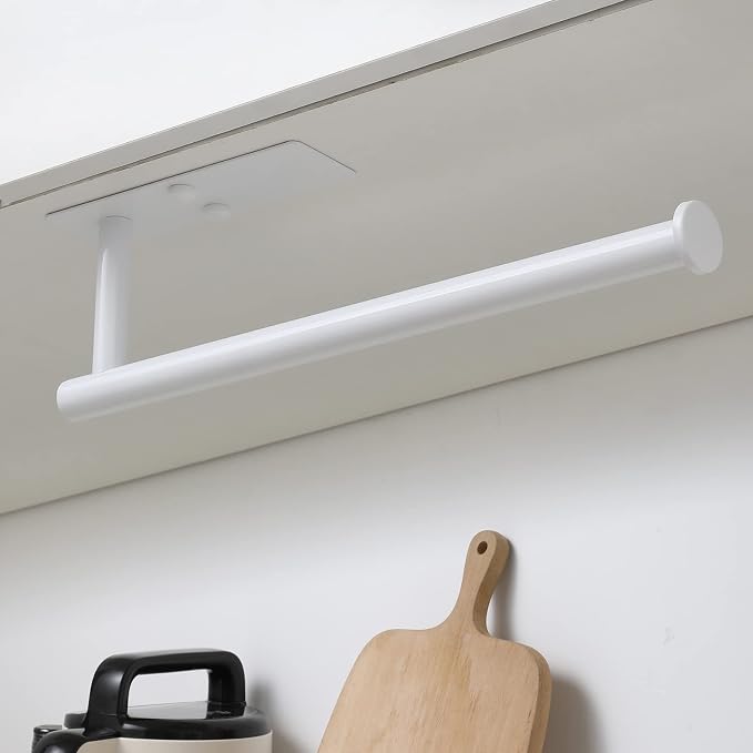 theaoo Under Cabinet Paper Towel Holder for Kitchen, Self-Adhesive, White | Wall Mounted Paper Towel Roll Rack for Bathroom or Kitchen, SUS304 Stainless Steel, Install with Adhesive or Screws