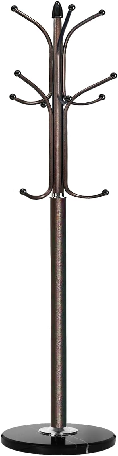 Kertnic Freestanding Coat Rack Stand, Heavy Duty Metal Hall Tree with 12 Hooks, 70 Inch Tall Stable Coat Hanger with 14.6" Natural Marble Base, Entryway Organizer for Coats Bags Hats Purses (Bronze)