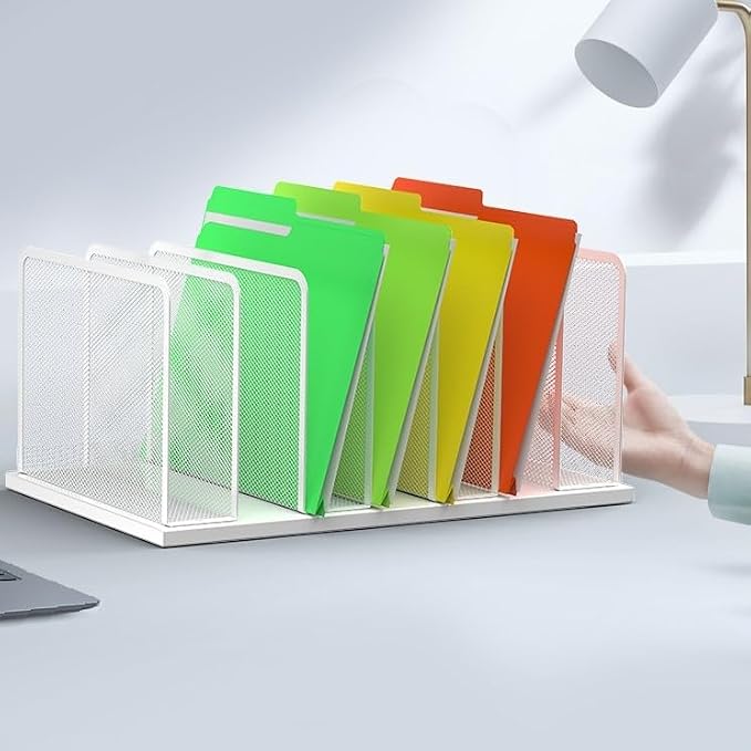Kuntine.B 7-SectionUpright Desk File Organizer White 2 Pack | Vertical, Mesh, Metal, Assembly, Stability, Sturdiness, Organization, Standing