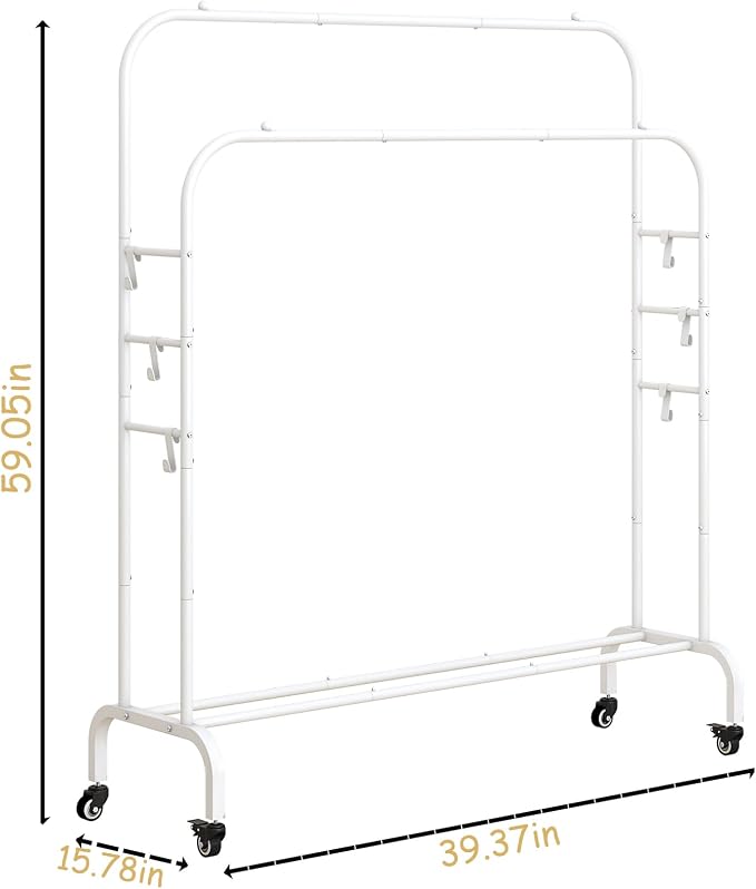 SUOERNUO Clothes Rack with Lockable Wheels Double Rods Metal Garment Racks | Portable Heavy-Duty Clothing Rack with Bottom, Rolling Clothes Shelves for Bedroom Laundry Living Room, White