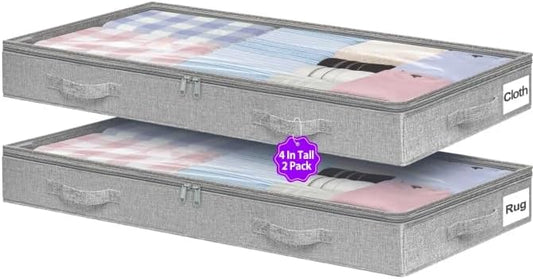4-in Low Profile Under Bed Storage, No Structure, 2-Pack, Gray | 4" Ultra-Slim, Clear Lid, Reinfoced Handles & Smooth Zips, Dustproof & Waterproof, for Low Bed, Couch, Crib Storage