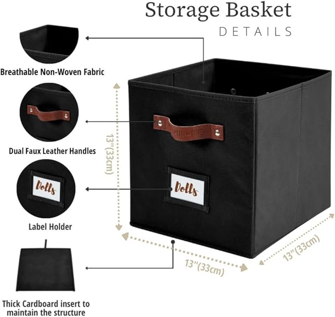 DECOMOMO Storage Bins, Cube Storage Bin with Labels | 13" x 13" x 13" Fabric Storage Cubes for Shelves (6pcs, Black)