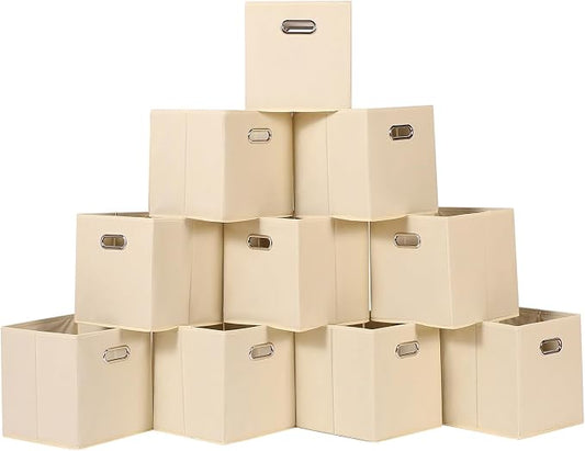 Fabric Cloth Storage Bins,Fabric Cube Organizer with Dual Handles Foldable Cube Storage Baskets for Home Bedroom Storage,Set of 10,(Creamy-White)