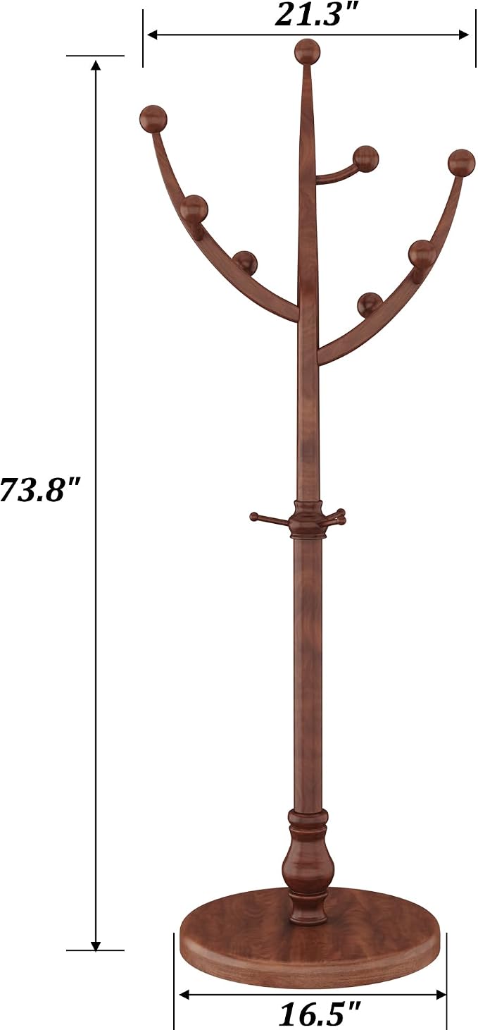 HOMEFORT Coat Rack Freestanding, Wooden Coat Tree Rack with 11 Hooks, Heavy Duty Wood Clothes Hanger with Sturdy Round Base, Vintage Coat Hat Stand for Entryway, Hallway, Bedroom,Walnut