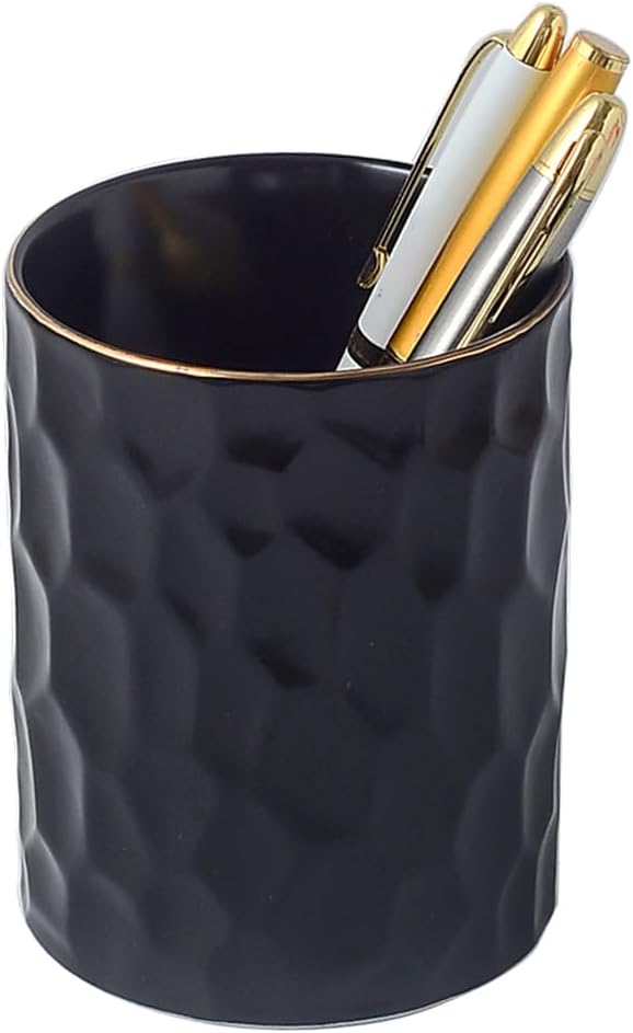 Ceramic Aesthetic Pen Holder for Desk Cute Pencil Holder Cup Pot Desk Organizer for Men Women Makeup Brush Holder Toothbrush Holder (Black)