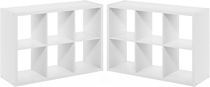 Furinno Cubicle Book Shelf Set of 2, 6-Cube Bookshelf, White | 14.6 x 43.8 x 30, 1.2" Thick, Horizontal & Vertical Reversible Bookcase with Open Back, for Living Room, Bedroom, Home Office