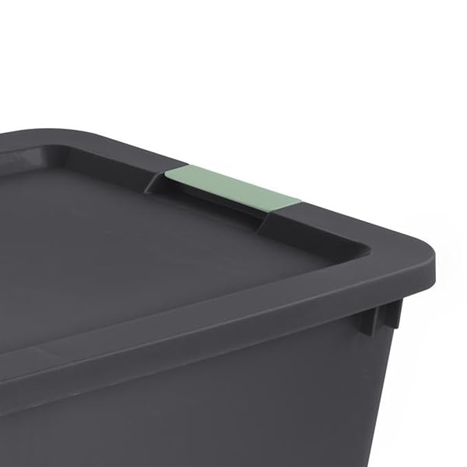 Sterilite 8-Pack Latch Tote, Stackable Plastic Storage Bin Containers, 45 Gal, Gray/Green - Large Organizer Boxes with Lids and Wheels for Closet, Bedroom, Tool, and Laundry Organization