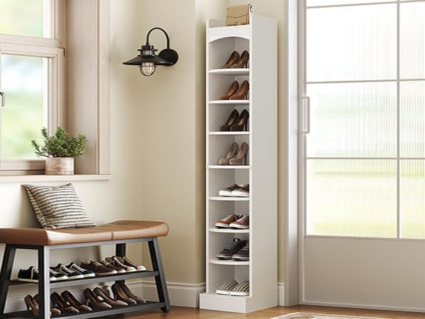 9-Tier Tall Shoe Rack, Wooden Shoe Storage Organizer, Narrow Shoe Cabinet with Removable Shelves for Small Spaces, Holds 9 Pairs of Shoes, for Entrance, Hallway, White SS02WT