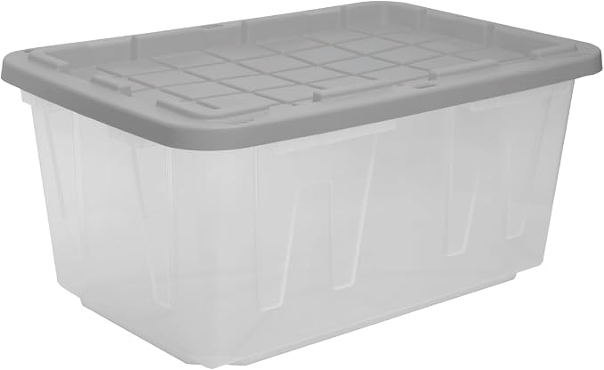 CX 27-Gallon Heavy Duty Clear Stackable Storage Bins with Lids, 4 Pack Gray | Clear plastic totes for garage organization, Stackable, weather-resistant, snap lids, 14.3H x 20.6W x 30.6D, Clear/gray