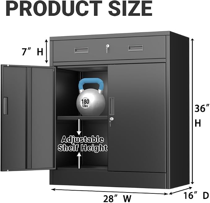 CJF Metal Storage Cabinet, Locking Storage Cabinet with 1 Drawer and Adjustable Shelf, 36" H x 28" W x 16" D Metal Cabinets for Office, Home, Garage -Black