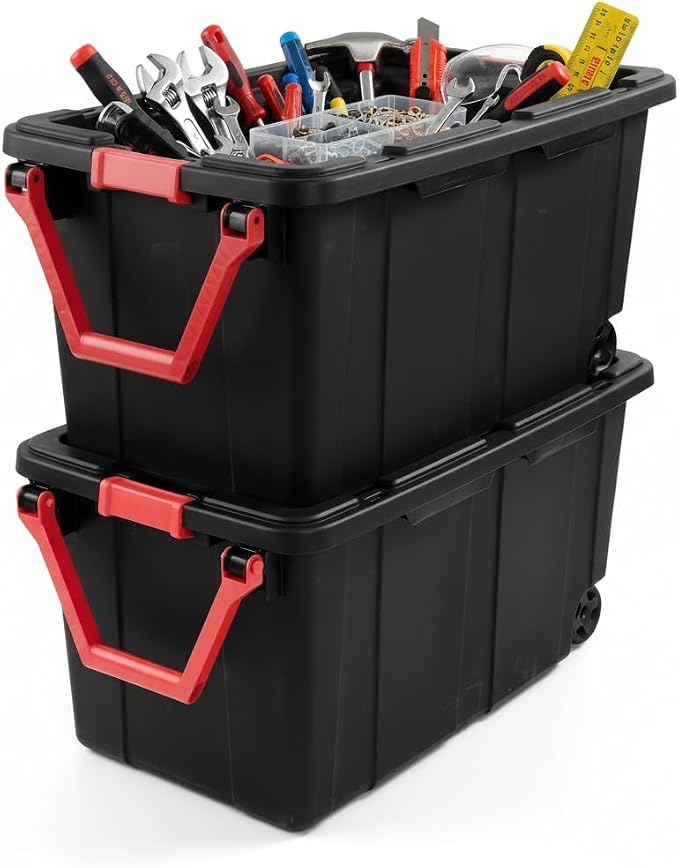 40 Gallon Extra Large Rolling Storage Bins 2-Pack, Black Heavy-Duty Plastic with Pivoting Handle & Leak-Resistant Lid, for Garage Warehouse Industrial Storage