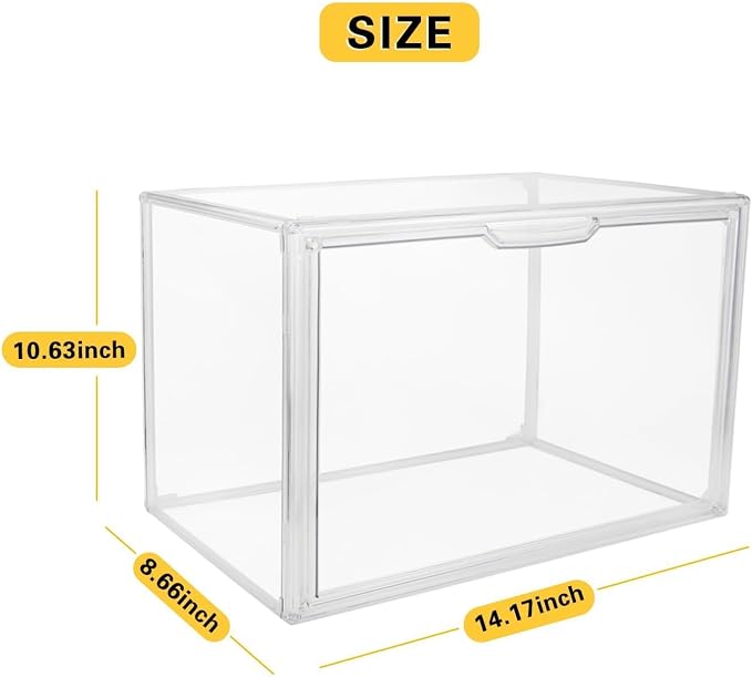 GUDEMAY Clear Stackable Plastic Storage Bins with Lid, Dustproof Acrylic Display Case for Collectibles, Large Figures Showcase, Shoe Storage Box, Closet Organizer for Book Cosmetic Purse (L, Count, 1)