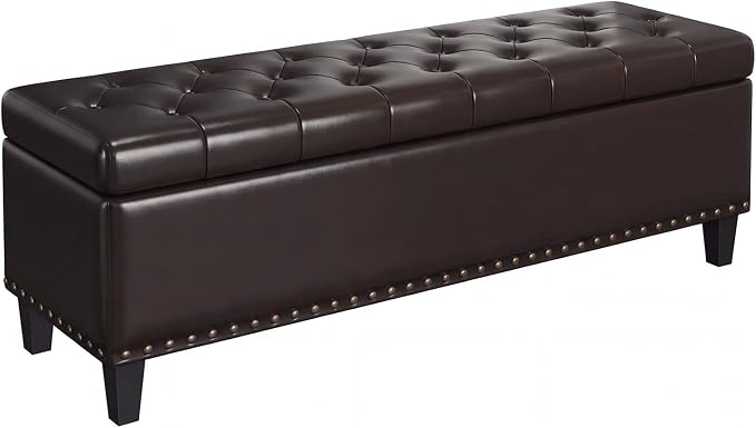 FiveWillowise 51 Inch Storage Ottoman Bench,Large End of Bed Storage Bench | Faux Leather Ottoman with Storage,30 Gallons,Upholstered,with Nailhead Trim,Legs,for Bedroom,Living Room,Entryway,Chocolate