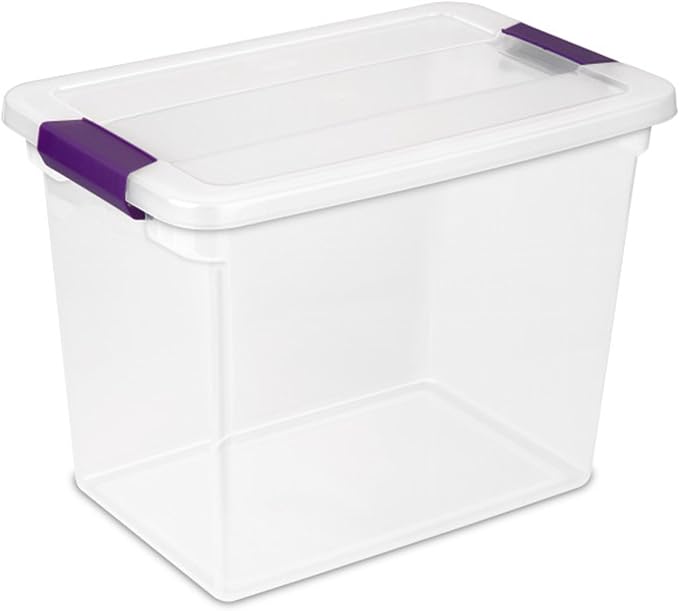 Sterilite ClearView Latch Boxes, Storage Bins with Lids, 27 Quart, 12-Pack | Clear Plastic Organizers with Color Accent Latches for Closet, Bedroom, Shelving Units, Dorm Room and Home Organization